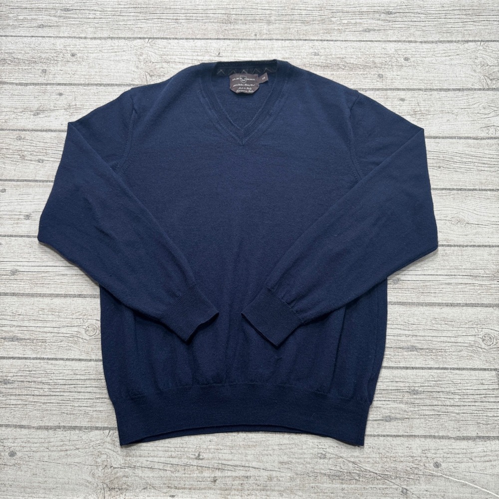 Black Brown Sweater Men's Large Navy Blue Merino Wool V-Neck Knit Pullover Italy